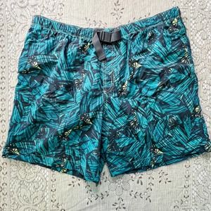 Columbia Men's XL Swim Shorts Green Yellow Tropical Built-in Brief Pockets